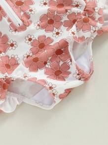 2Pcs Baby Girls Swimsuit Long Sleeve Flower Print Zipped Bikini With Hat Newborn Swimwear For Summer Bathing