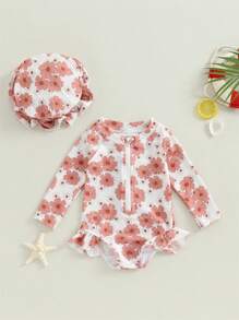 2Pcs Baby Girls Swimsuit Long Sleeve Flower Print Zipped Bikini With Hat Newborn Swimwear For Summer Bathing