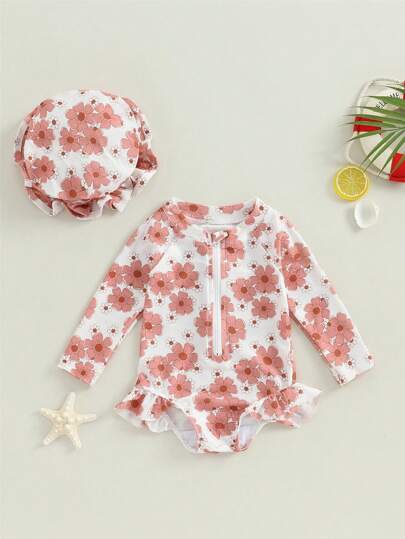 2入組嬰兒女生長袖花卉印花拉鍊比基尼泳裝套裝連帽新生兒游泳衣，夏季沐浴必備