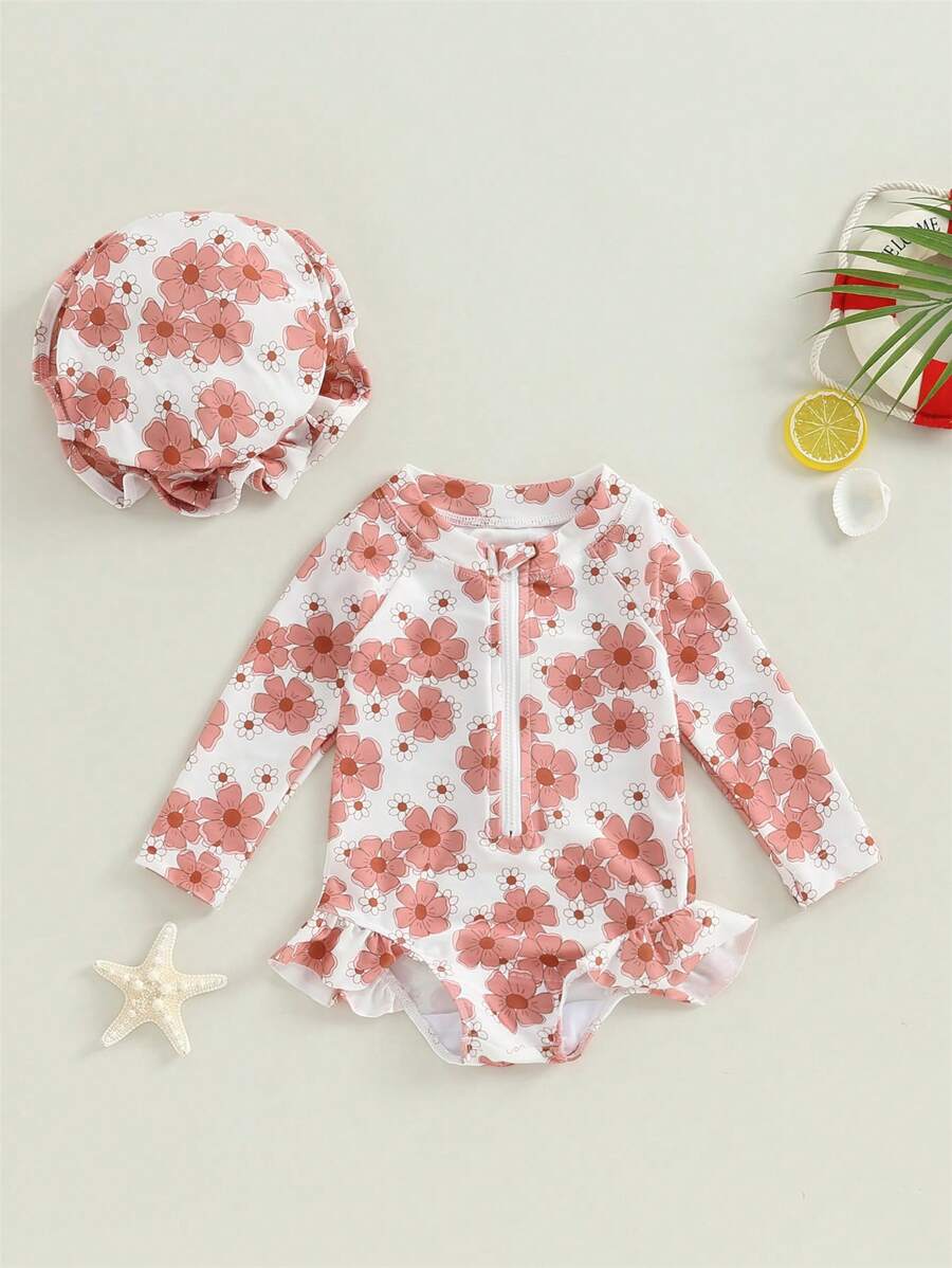 2Pcs Baby Girls Swimsuit Long Sleeve Flower Print Zipped Bikini With Hat Newborn Swimwear For Summer Bathing
