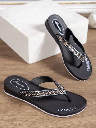 Women Fashionable Outdoor Walking Sporty Flip Flops With Toe Ring, Sequins Embellished, Lightweight And Comfortable Casual Slides