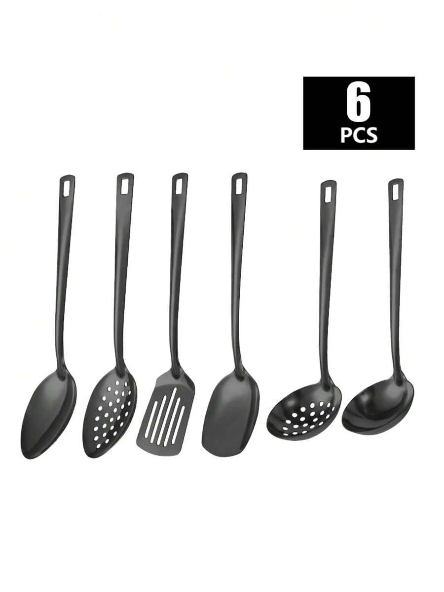 6pcs Stainless Steel Serving Utensils Set Includes Soup Ladle, Perforated Spoon, Serving Spoon, Etc. Ideal For Home Kitchen, Hotel, Buffet School Supplies,Christmas Gift - màu đen - Xem 1