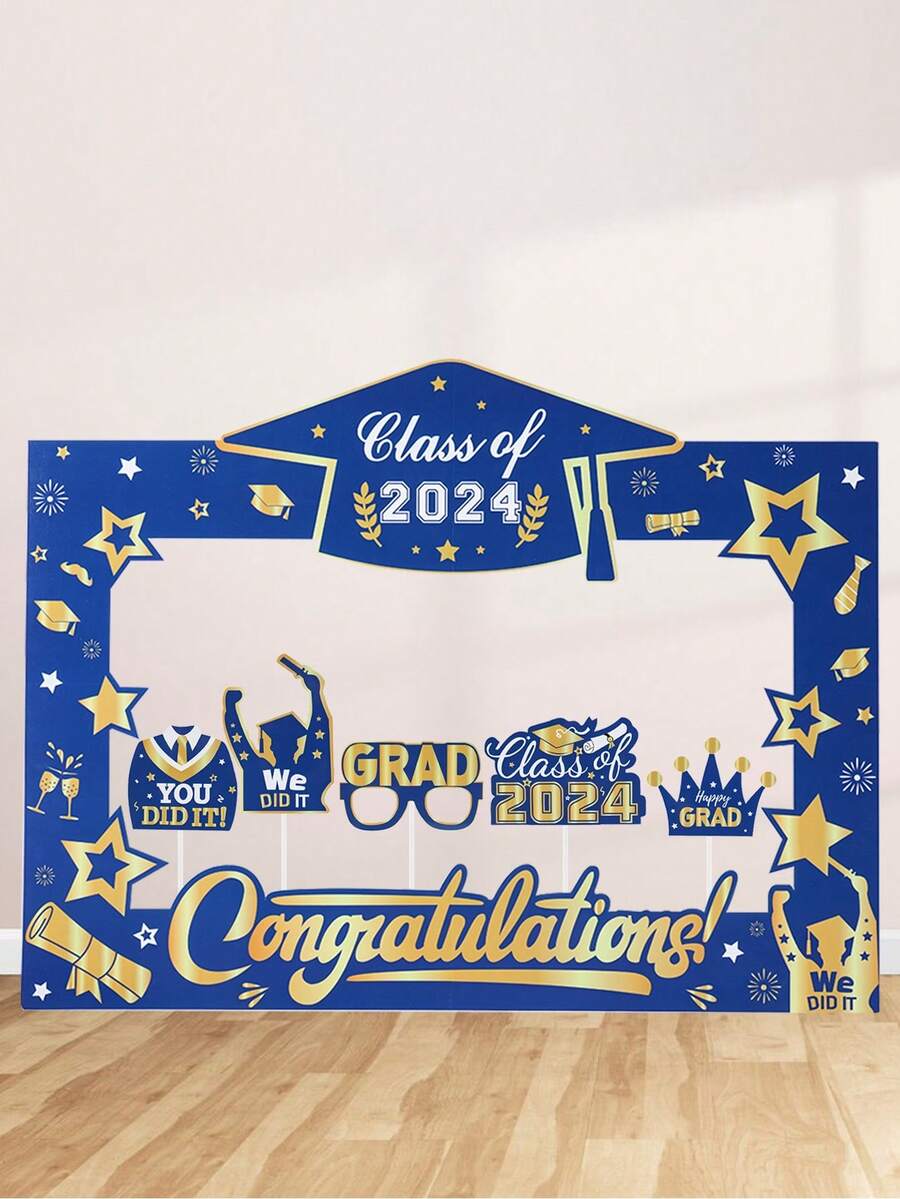 1 set Marco de papel para foto de graduación en azul y dorado, decoración de foto de graduación 2024, suministros de decoración de fondo de sala de fiesta de graduación regalo de graduación - oro azul - Ver 1