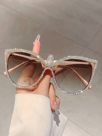 1pc Women's Plus Size Cat Eye Full Frame Fashion Glasses, Rhinestone Decor, Gradient Colored Lens, Green Color, Luxury Jelly Handmade Decorated Eyewear Y2K Fest Music Fest For Summer Beach Vacation, Outdoor, Travel