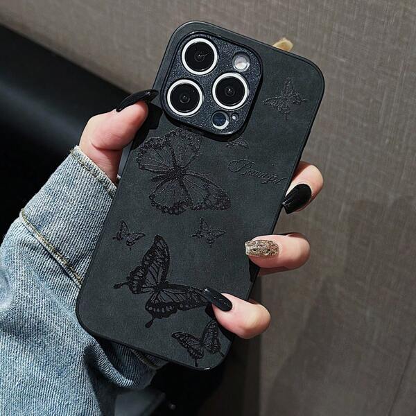 Vintage Butterfly Pattern PU Leather Solid Color Anti-Scratch Phone Case