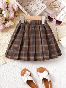 Young Girl College-Style Plaid Pleated Skirt - Brown - View 1