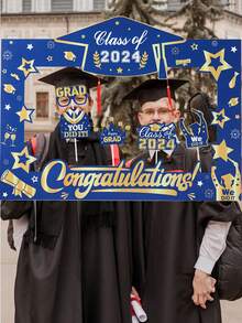 1Set 2024 Graduation Hollowed-Out  Photo Booth Props , Blue And Golden Graduation Photo Frame Set, Congrats Grad,Class Of 2024 Graduation Party Supplies And Decorations For High School And College Graduation Announcements - Multicolor - View 7