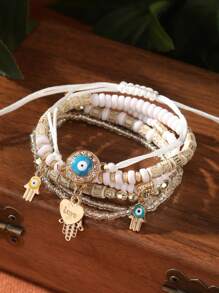 Conjunto de 6 piezas de Pulsera con múltiples capas de cuentas de estilo bohemio con colgantes en forma de "ojo malvado" y palma, ajustable y adecuado para uso diario - aojo - Ver 11