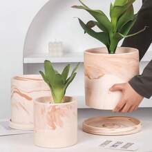 1pc Red Ceramic Flower Pot, Breathable Clay Pot For Orchid, Pothos - Khaki - View 4