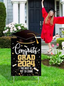 1 cartel de jardín de graduación 2024 con estaca - Negro Felicidades Graduados 2024 - Cartel de jardín de graduación 2024 - Decoración de graduación de la clase de 2024, 1 pieza - Multicolor - Ver 3