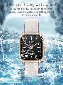 DOM 1入時尚日曆簡約方錶盤女裝手錶,帶皮革錶帶 - 黑色 - 查看 9