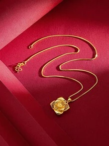 1pc Large Gold-Color Double Layer Heart Floral Detail Fashion Collarbone Necklace With Four Petals