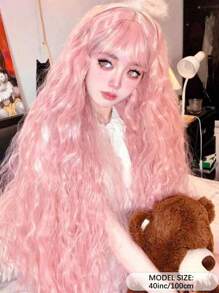 Pink Long Wave Wig With Bangs Long Curly Wavy Pink Synthetic Wigs For Women Natural Wavy Wig Heat Resistant Colorful Wigs Curly Wavy Hair For Girl Cosplay Party 40 Inch Wigs - Pink - View 5