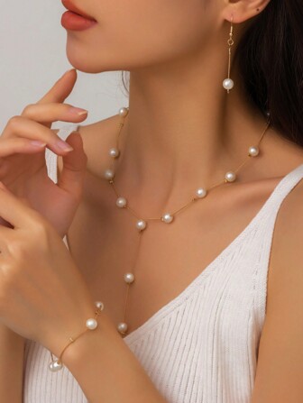 Juego De Joyería Decorada Con Perlas Falsas De 4 Piezas