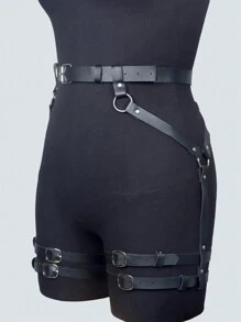 1PC Women Black Harness Belt Faux Leather Harness Garter Adjustable Studded Decor Body Straps Party Rave Outfit - Black - View 7