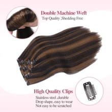 7入組黑色自然直貼片式合成纖維短髮，女性優質假髮數字夾，14英寸長 - Dark Brown - 查看 6