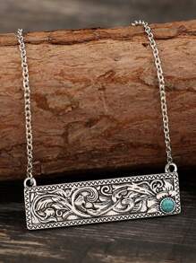 Collier simple avec pendentif vintage rectangulaire en alliage de zinc sculpté incrusté de turquoise