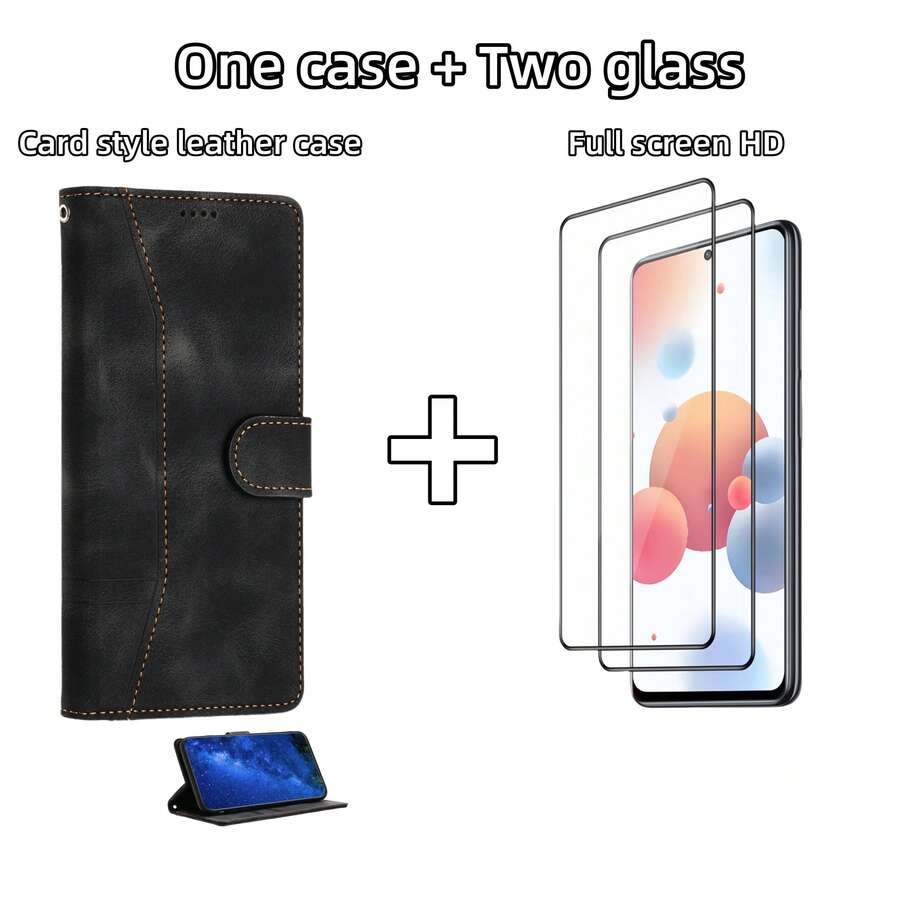 1入組財包款式的皮革手機殼，附2片全屏高清保護膜，適用於蘋果、三星、小米、OPPO、VIVO和其他品牌 - Two glass+ one case - 查看 1