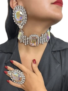 Fashion Bling AB Crystal Jewelry Set Including Necklace, Ring And Earrings For Bride Wedding Party, Women Gift