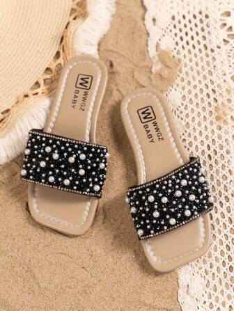 Girls' Fashionable And Cute Strap Flat Sandals With Sparkling Glitter, Easy Slip-On Slippers, Suitable For Parties, Outdoors And Beach Camping. Random Sole Pattern.