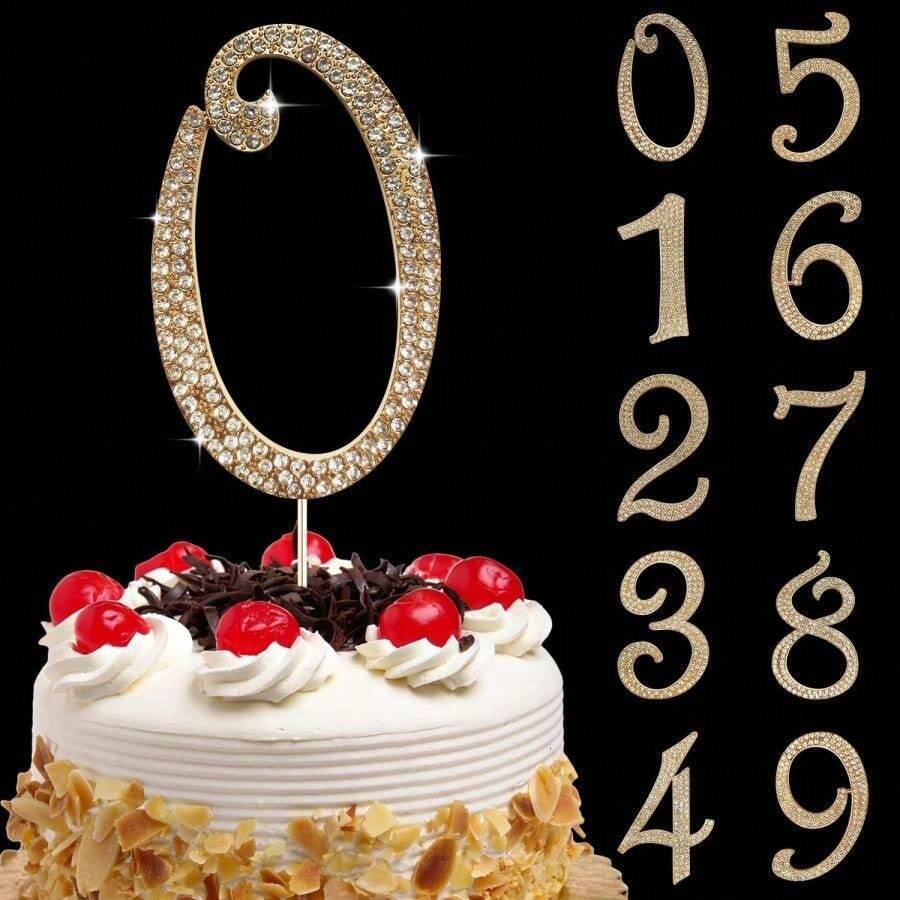 1pc Large Number 0 1 3 4 5 6 7 8 9 Birthday Cake Topper, Gold Bling Rhinestone Happy Birthday Cake Topper, No 1 10 16 18 21 30 40 50 60 70 80 Cake Toppers For Birthday Party Wedding Anniversary Decorations,