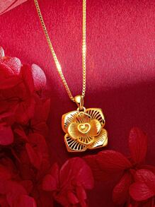 1pc Large Gold-Color Double Layer Heart Floral Detail Fashion Collarbone Necklace With Four Petals