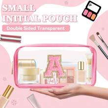 Geantă de machiaj cu scrisoare inițială personalizată, transparentă, cu plasture de chenille A-Z, geantă cosmetică din nailon Preppy cu fermoar, omologat TSA, transparentă, impermeabilă, pentru toaletă, pentru femei, fete, organizator pentru machiaj.