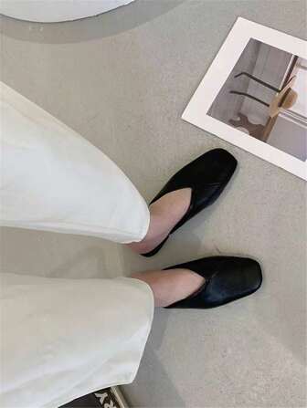 Women's Elegant Square Toe Mules, Flat Pumps With And Lightweights PU Leather Upper