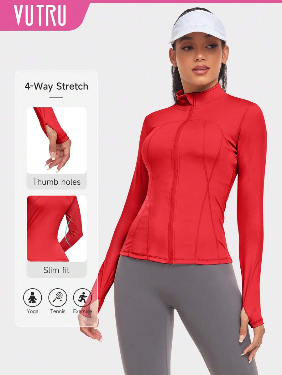 VUTRU 1pc Women's Sports Jacket With Thumb Hole, Fitted, For Running & Yoga Spring - 紅色 - 查看 1