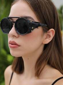 Polarized Round Steampunk Fashion Glasses Fashion Glasses With Leather Side Double Bridge Shield Retro Eyewear For Men Women Shades Accessories Halloween Beach Accessories Glasses Shades For Summer Beach Vacation,Outdoor,Travel - Black - View 2
