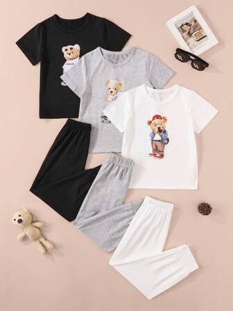 年輕男孩休閒街頭風熊印花短袖T恤，長褲和三件套裝，適合旅行，家居，度假和其他活動。