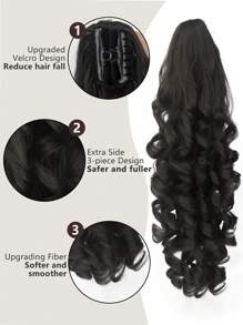 棕色合成纖維馬尾補發，超長波浪爪夾馬尾辮，波浪卷曲髮片，適用於女性日常或派對 - 黑棕色 - 查看 2