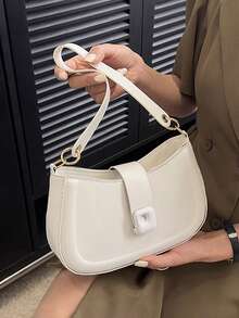 新款時尚純色PU女士單肩包斜跨包簡約萬用腋下包通勤包扣環設計 - 彩色 - 查看 1
