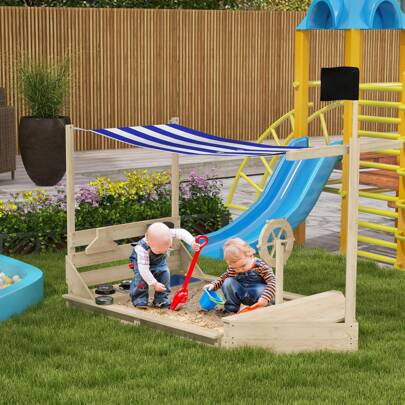 Outsunny Outusnny Sabbiera per Bambini 3-7 Anni con Tettuccio e Set da Cucina Giocattolo, Sabbionaia per Bambini in Legno di Abete con 2 Sedili, 180x103x144.5 cm, color Legno