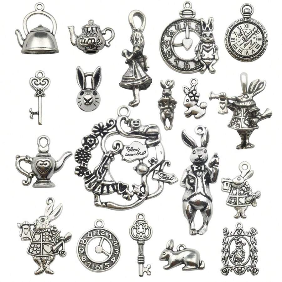 Randomly Mixed 44pcs Antique Silver Bronze Tone Alice In Wonderland Charm Tales Tea Party Steampunk Skeleton Keys Pendants For DIY Jewelry Making Crafts Supplies
