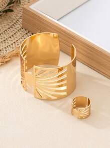 1set Fashionable Simple Hollow Golden Bangle And Ring Set, Suitable For Daily Wear, Parties, Festival Gifts
