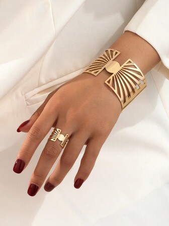 1set Fashionable Simple Hollow Golden Bangle And Ring Set, Suitable For Daily Wear, Parties, Festival Gifts