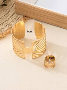 1set Fashionable Simple Hollow Golden Bangle And Ring Set, Suitable For Daily Wear, Parties, Festival Gifts