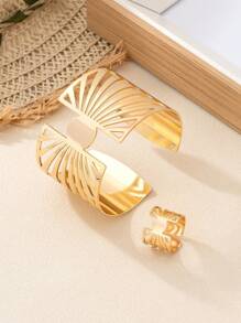 1set Fashionable Simple Hollow Golden Bangle And Ring Set, Suitable For Daily Wear, Parties, Festival Gifts