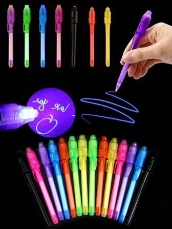 2 支随机颜色隐形墨水笔，间谍笔隐形墨水笔和黑光魔术标签信息和多功能塑料荧光笔，简单隐形墨粉霓虹笔适合学校