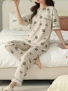 1套女士夏季短袖睡衣套裝，皮膚友好的居家服裝，附長褲 - 杏色 - 查看 5