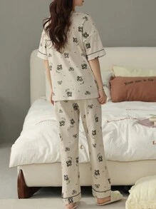 1套女士夏季短袖睡衣套裝，皮膚友好的居家服裝，附長褲 - 杏色 - 查看 2