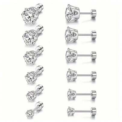 1 par o 6 pares de pendientes de aro minimalistas de acero inoxidable con seis garras y circonita cúbica sintética redonda, pendientes versátiles de moda para mujeres, regalo de cumpleaños, aniversario para parejas