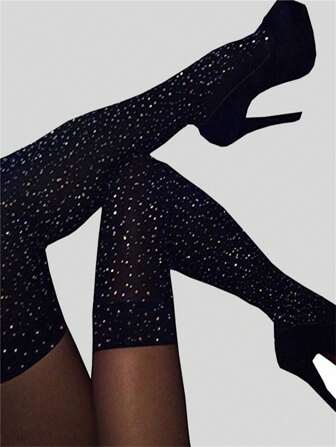 Oversized Black Embellished Knee-High Socks With Shiny Rhinestones For Women, European And American INS Style, Medium Thick And Opaque, Cozy