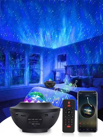 1pc Led Romantic Starry Sky Projection Lamp, USB Wireless Remote Control & Music & Water Ripple & Laser Light, For Bedroom Ceiling, Dreamy Atmosphere, Sleep Aid