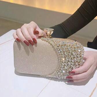 Small Gold Rhinestone Embellished Evening Clutch Bag, Metal Handle Party Handbag, Wedding Bridal Purse, Chain Shoulder Bag
