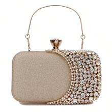 Small Gold Rhinestone Embellished Evening Clutch Bag, Metal Handle Party Handbag, Wedding Bridal Purse, Chain Shoulder Bag - Gold - View 4