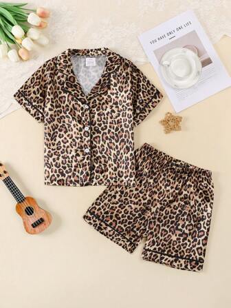 少女豹紋短袖T恤和短褲家居套裝，夏季款
