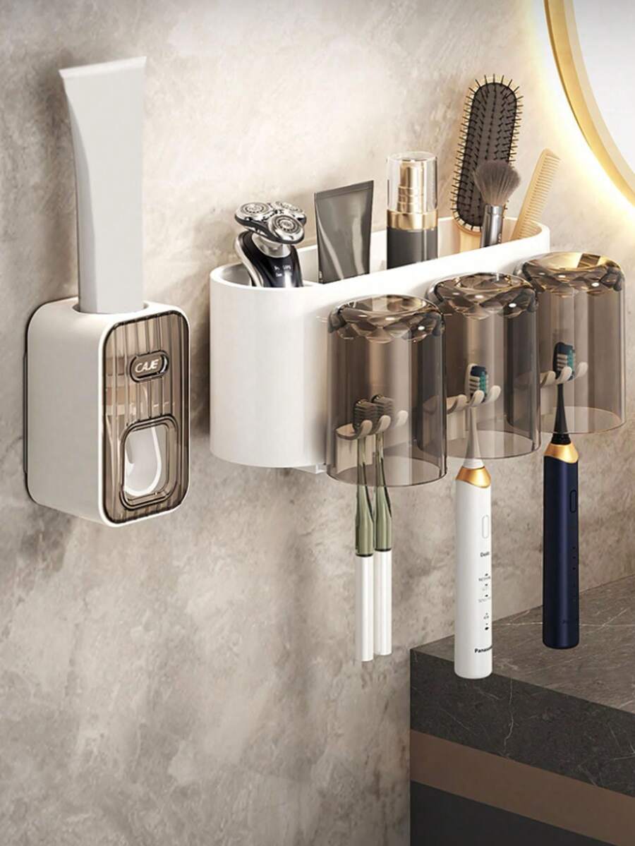 1 件壁挂式牙刷架和牙膏分配器，浴室收纳架，白色 - 白色 - 查看 1