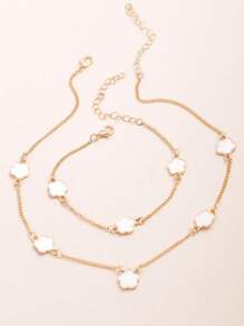 Set de collar y pulsera con dije de trébol de cinco hojas y flor para mujer, cadena de clavícula al estilo europeo y americano - Verde - Ver 4